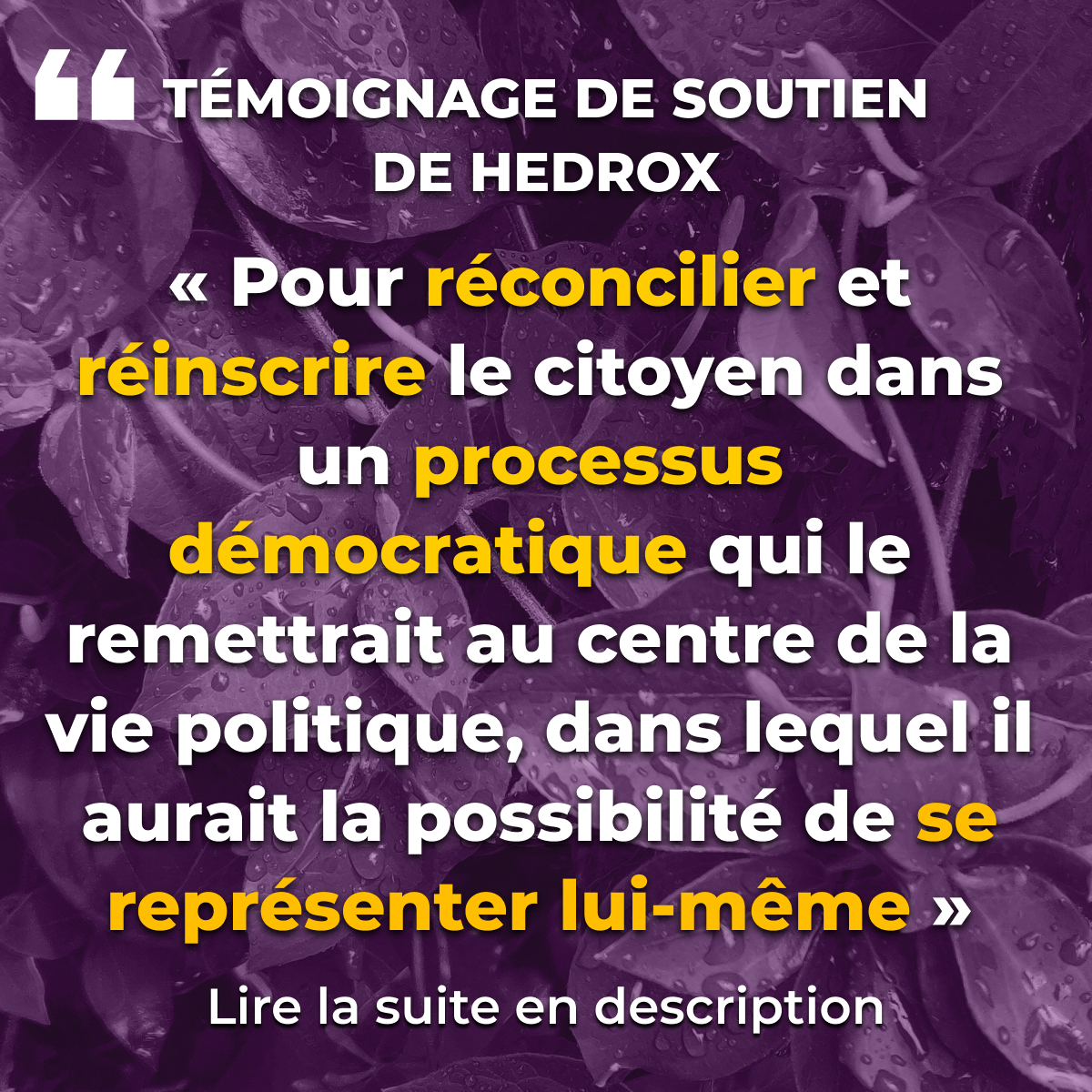 “Pour réconcilier et réinscrire le citoyen dans un processus démocratique qui le remettrait au centre de la vie politique, dans lequel il aurait la possibilité de se représenter lui-même”