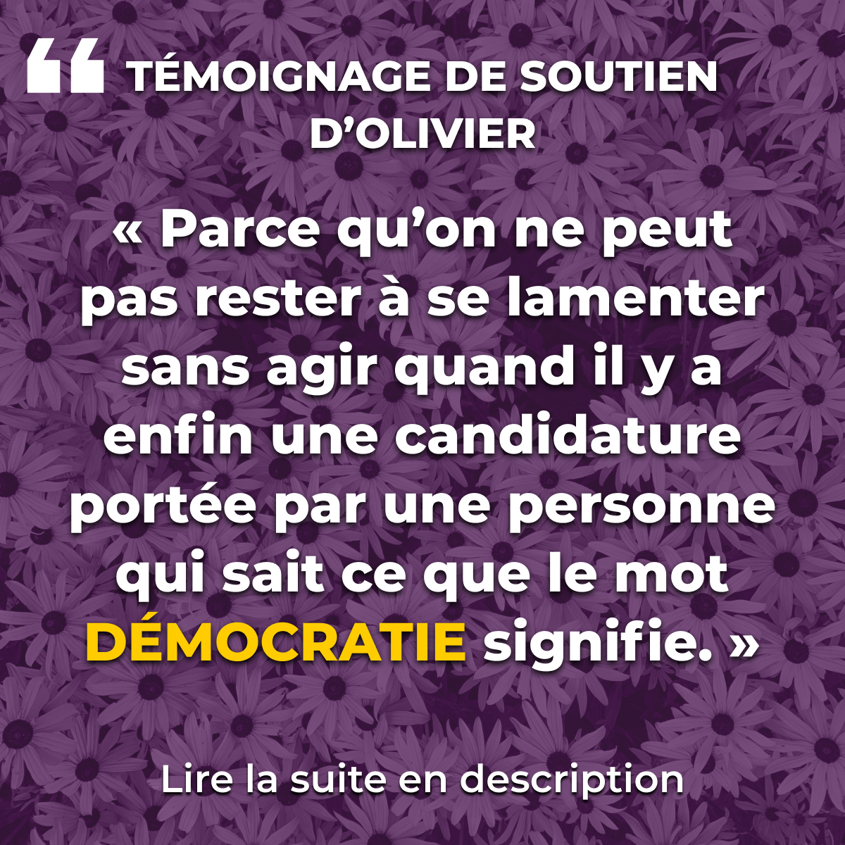 « Parce qu’on ne peut pas rester à se lamenter sans agir quand il y a enfin une candidature portée par une personne qui sait ce que le mot « démocratie  » signifie. »