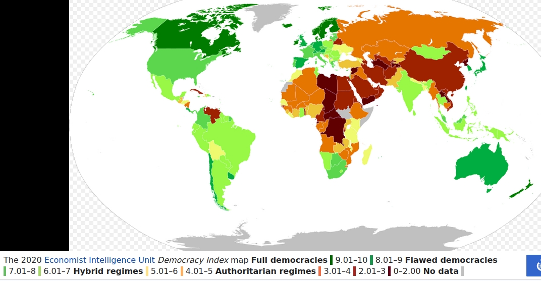 Democratie dans le monde selon le classement The Economist