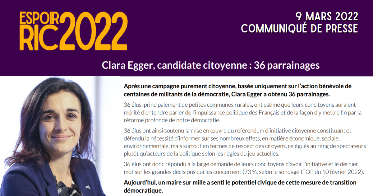 Clara Egger, candidate citoyenne : 36 parrainages